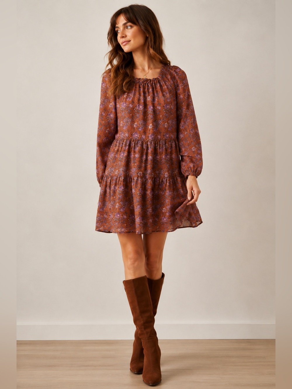 Xirena Lea Dress Golden Clover Cotton Silk Voile Brown Floral Mini Tiered Small